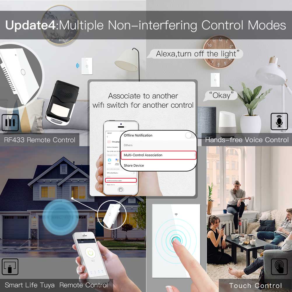 RF433 WIFI Smart Wall Touch Light Switch Glass Panel, 3 Way Multi-Control Neutral Wire Required US Standard 6