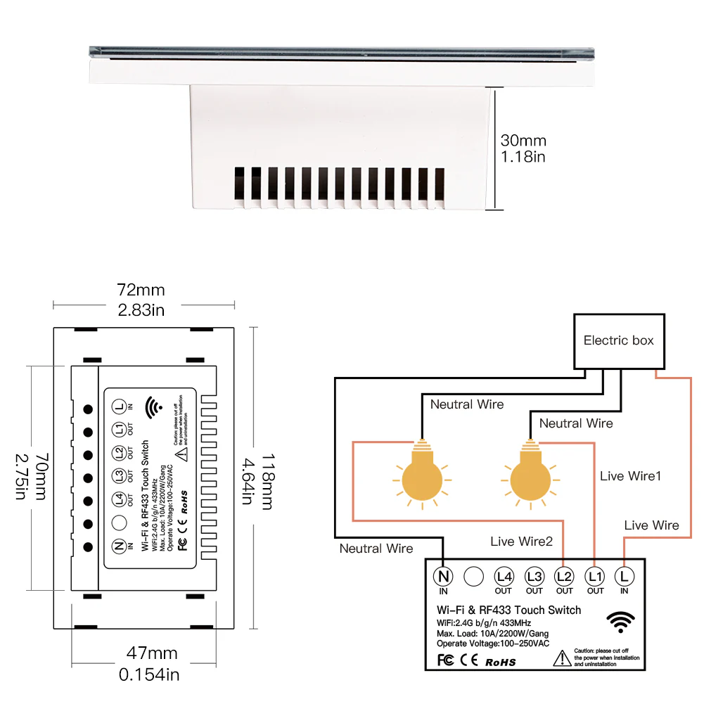 RF433 WIFI Smart Wall Touch Light Switch Glass Panel, 3 Way Multi-Control Neutral Wire Required US Standard 8