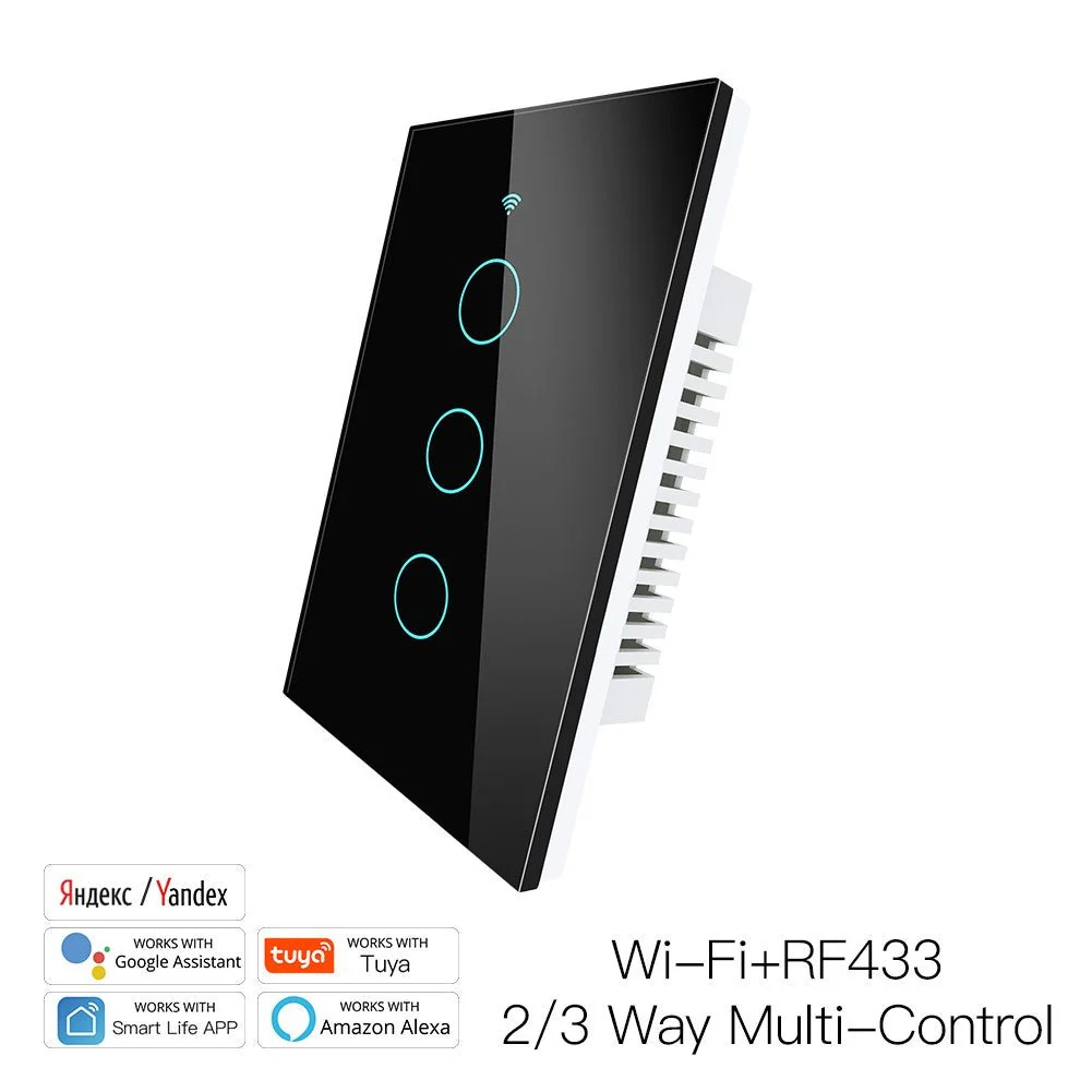 RF433 WIFI Smart Wall Touch Light Switch Glass Panel, 3 Way Multi-Control Neutral Wire Required US Standard 12