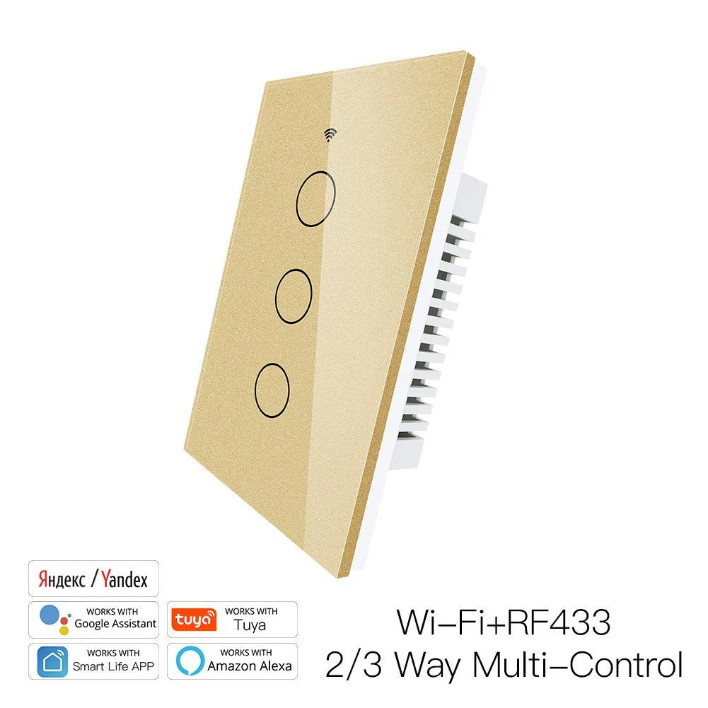 RF433 WIFI Smart Wall Touch Light Switch Glass Panel, 3 Way Multi-Control Neutral Wire Required US Standard 16
