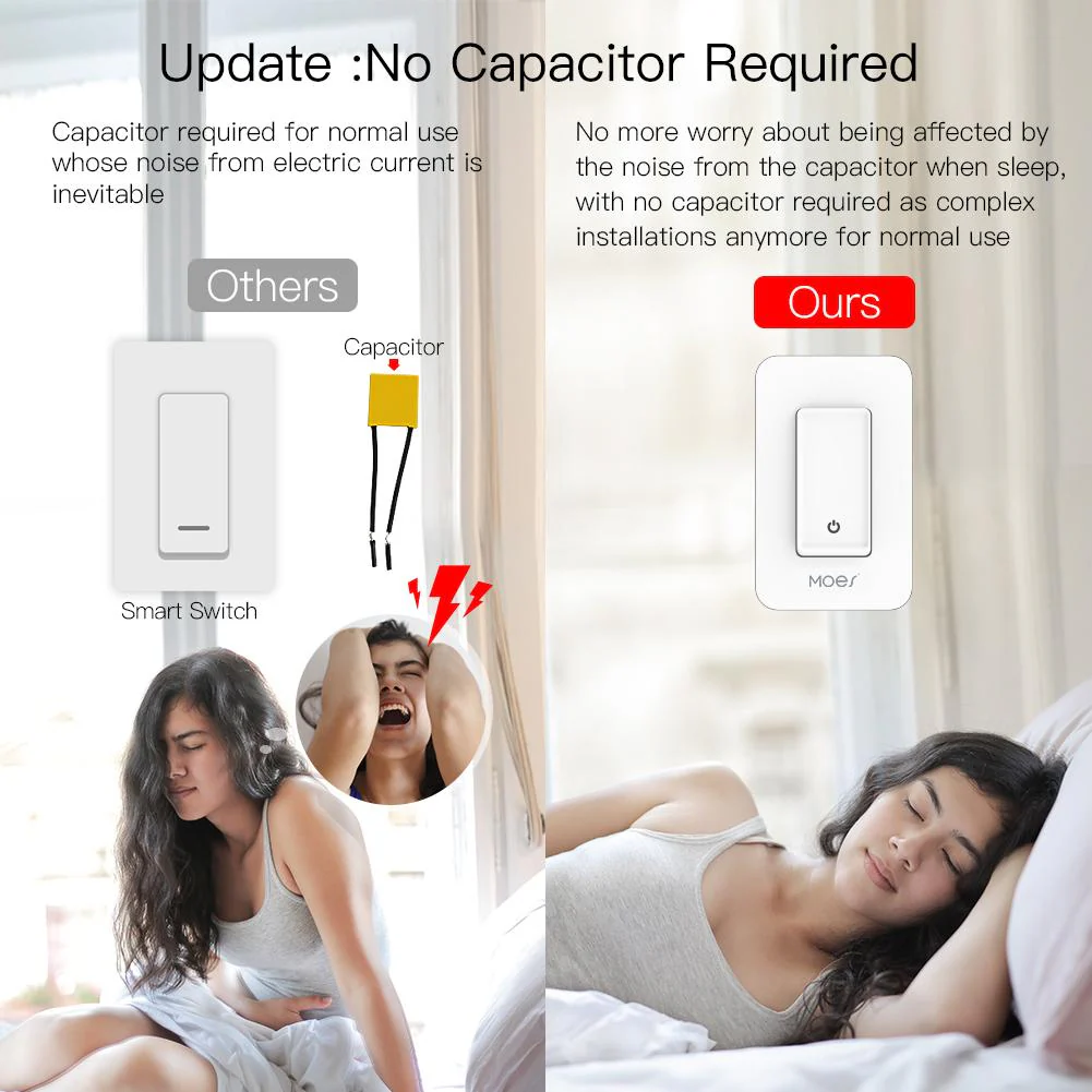 WiFi Smart Switch No Neutral, Push Button Switch, Single Pole 100-120V, Wire Required No Capacitor US 3