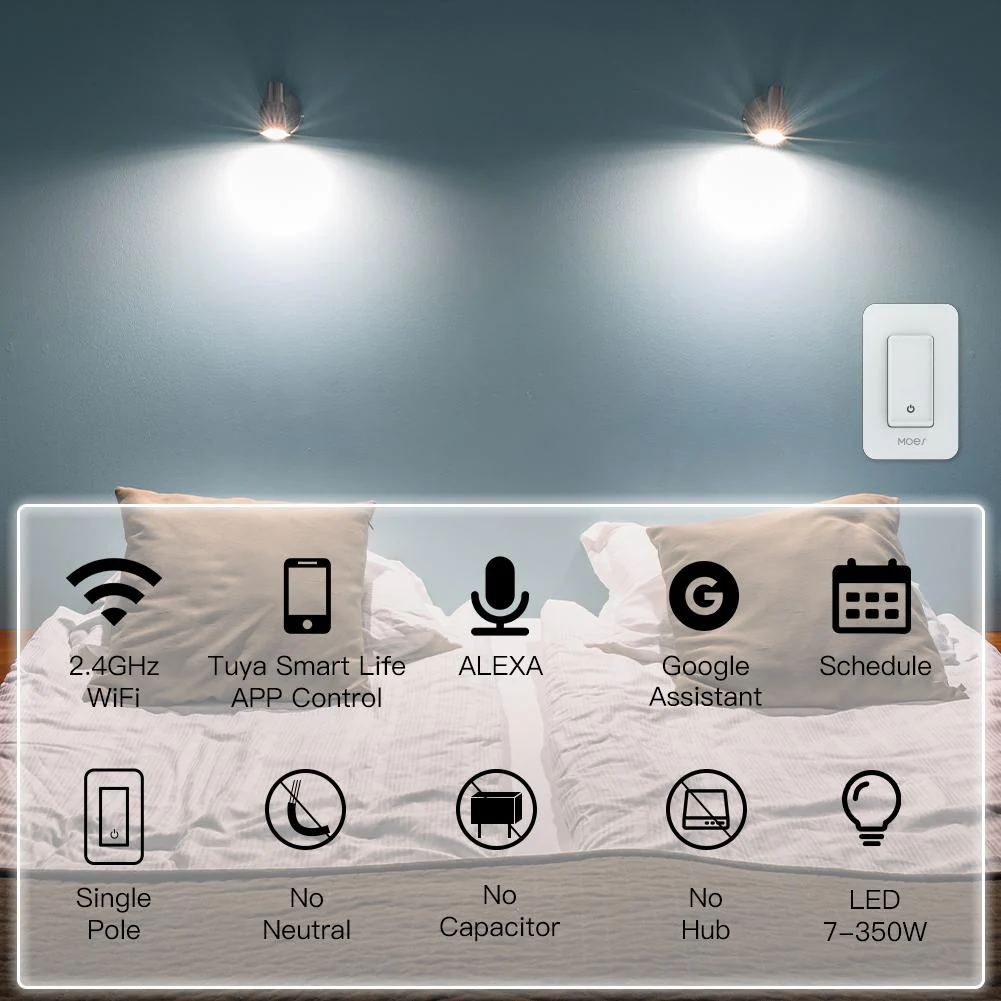 WiFi Smart Switch No Neutral, Push Button Switch, Single Pole 100-120V, Wire Required No Capacitor US 5