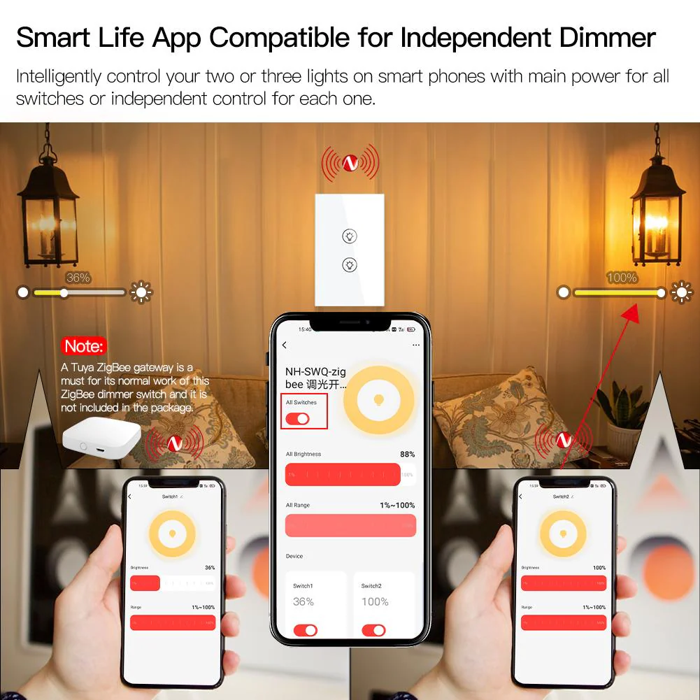 ZigBee Smart Dimmer Switch, Multi-gang Smart Light Dimmer Switch, US Single Pole Neutral Wire Required 5