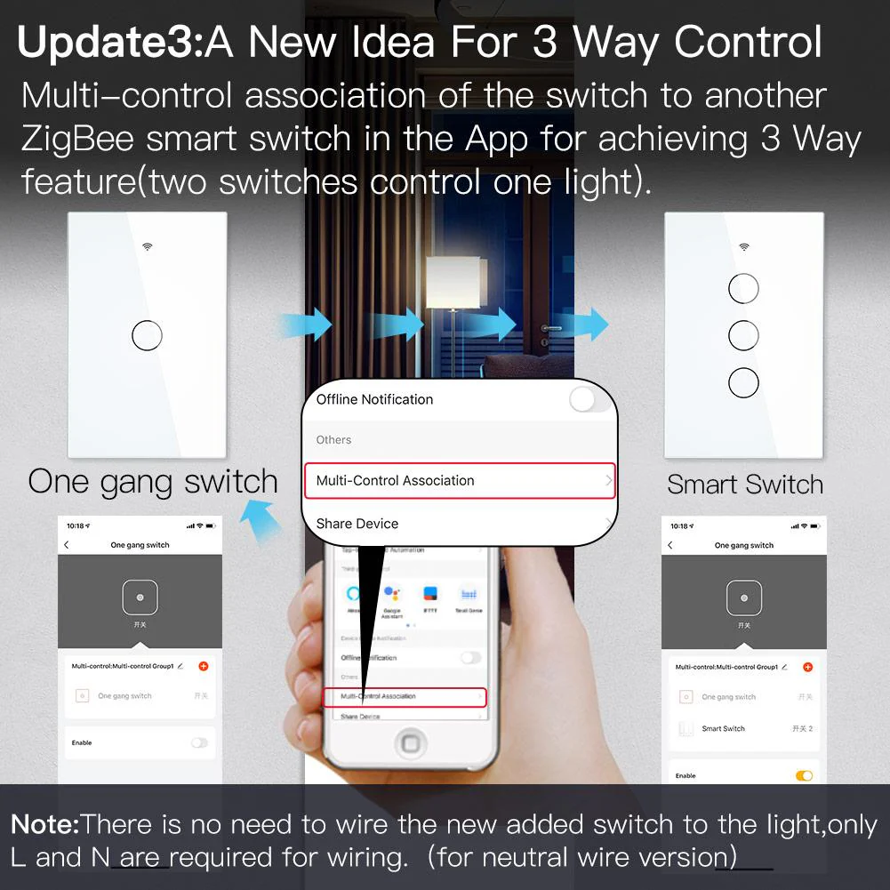 ZigBee Smart Light Touch Switch Multi-Control Neutral Wire Optional No Capacitor US 4