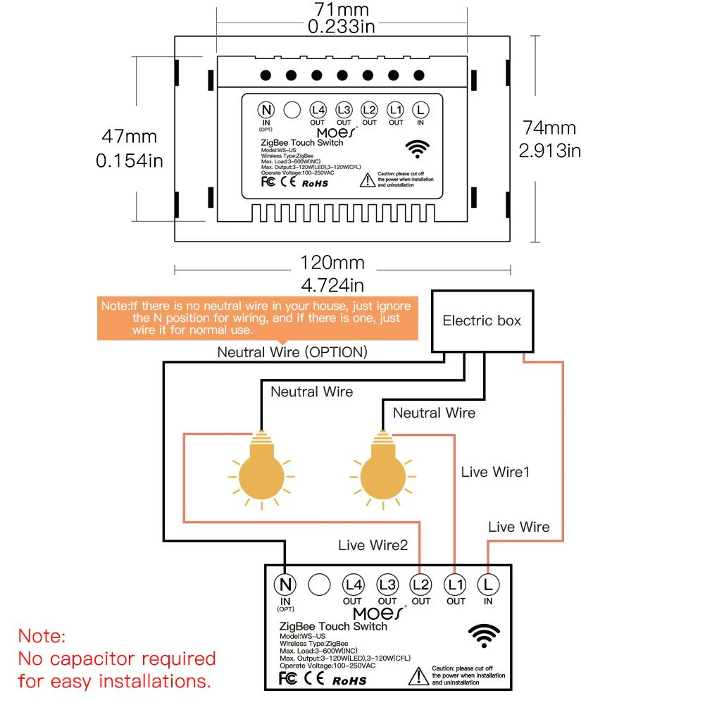 ZigBee Smart Light Touch Switch Multi-Control Neutral Wire Optional No Capacitor US 6