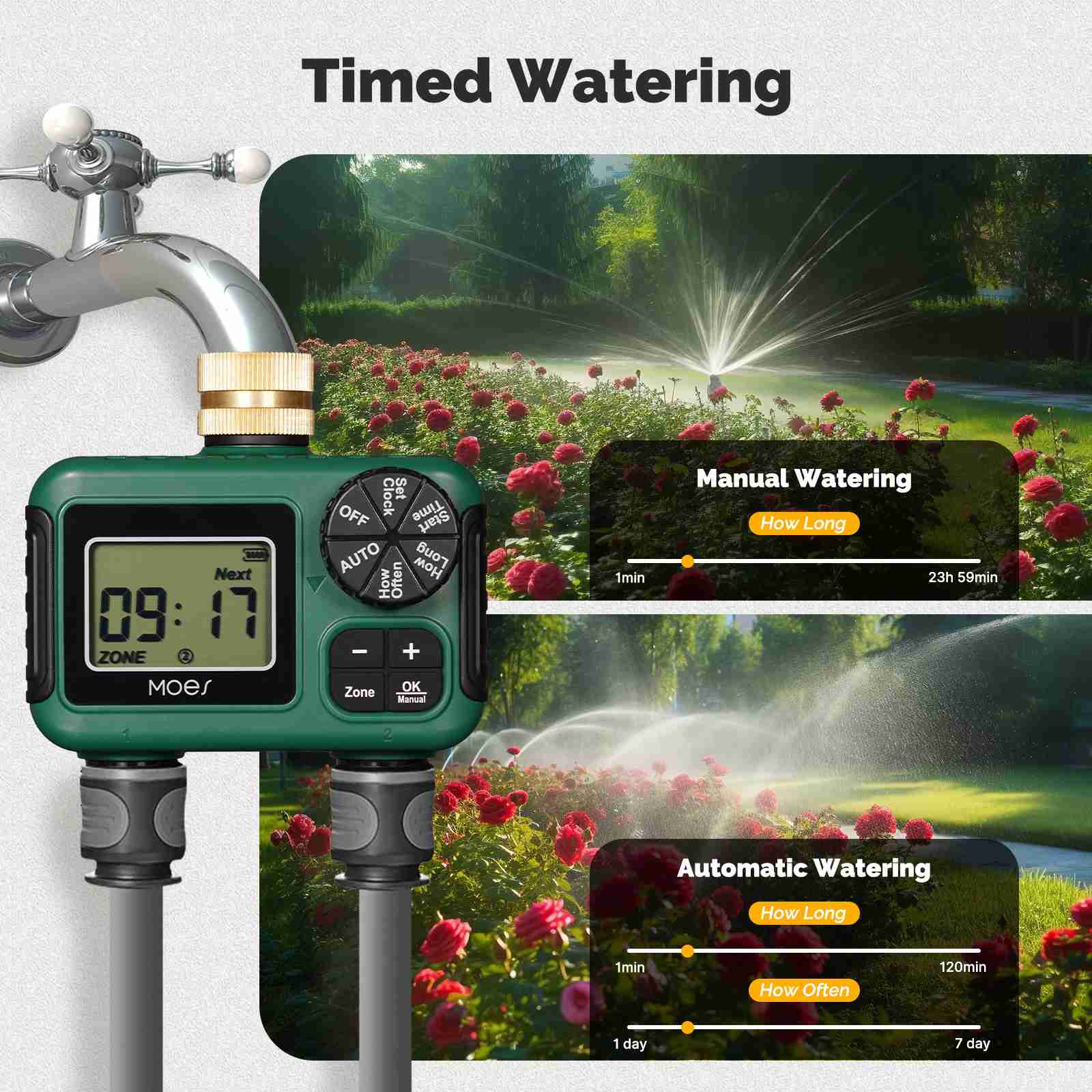 Water Timer For Garden Hose Drip Irrigation 2/3/4 Outlet Brass Inlet IPX5 Waterproof US Version 2