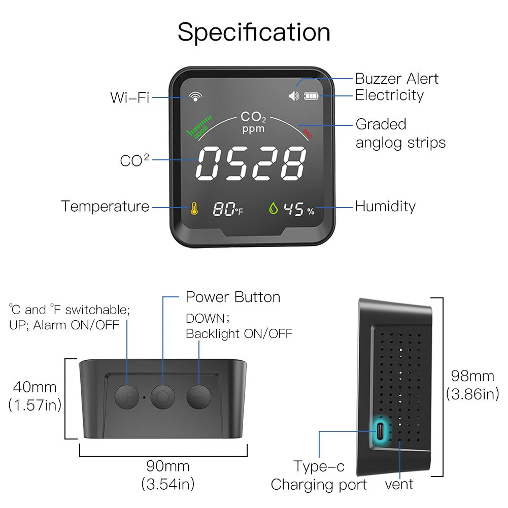 WiFi Smart 3 In 1 Carbon Dioxide Air Quality Monitor Detector Temperature and Humidity Sensor 8