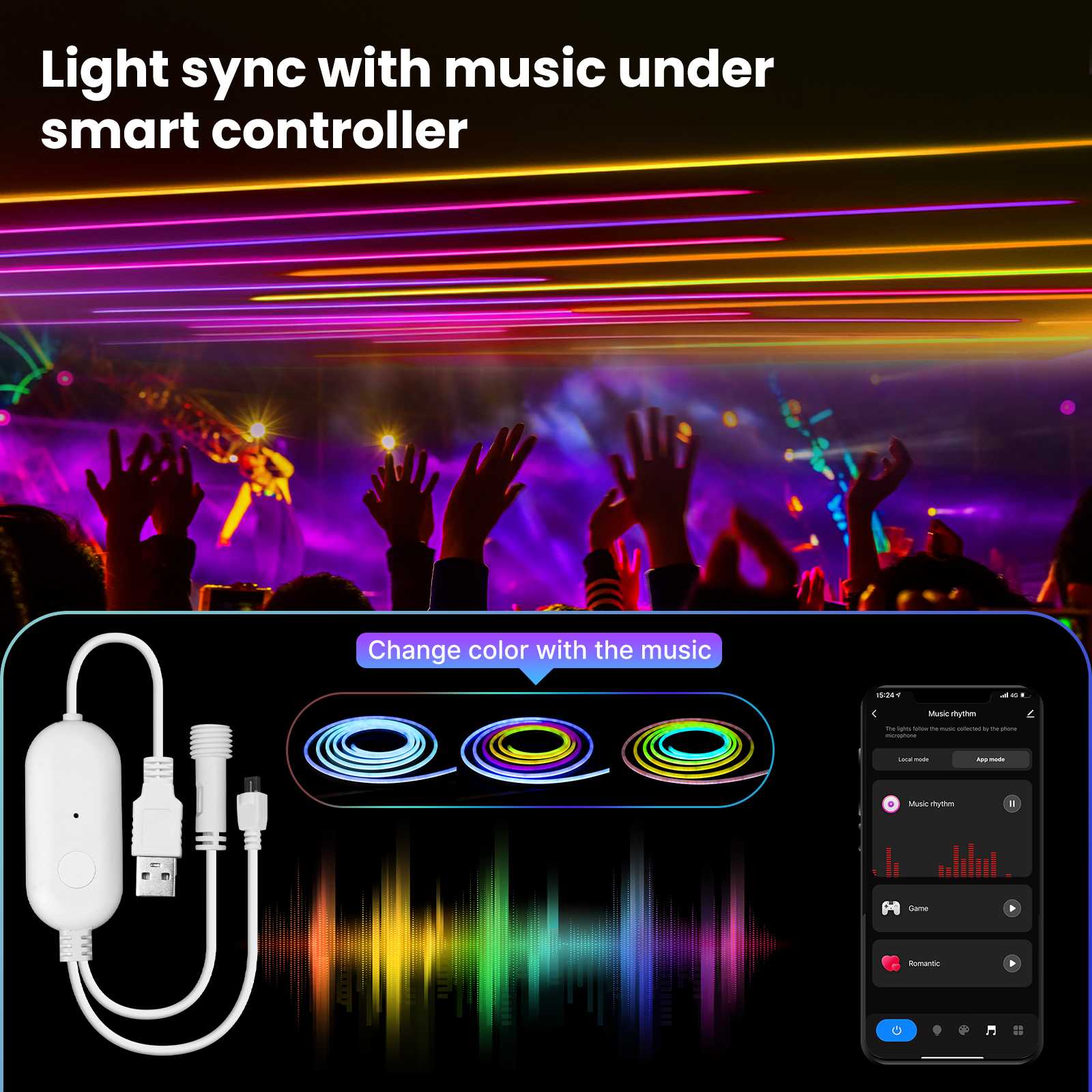 WIFI+BLE Neon Music LED Smart Light with Remote Control 16 Million Colors 3