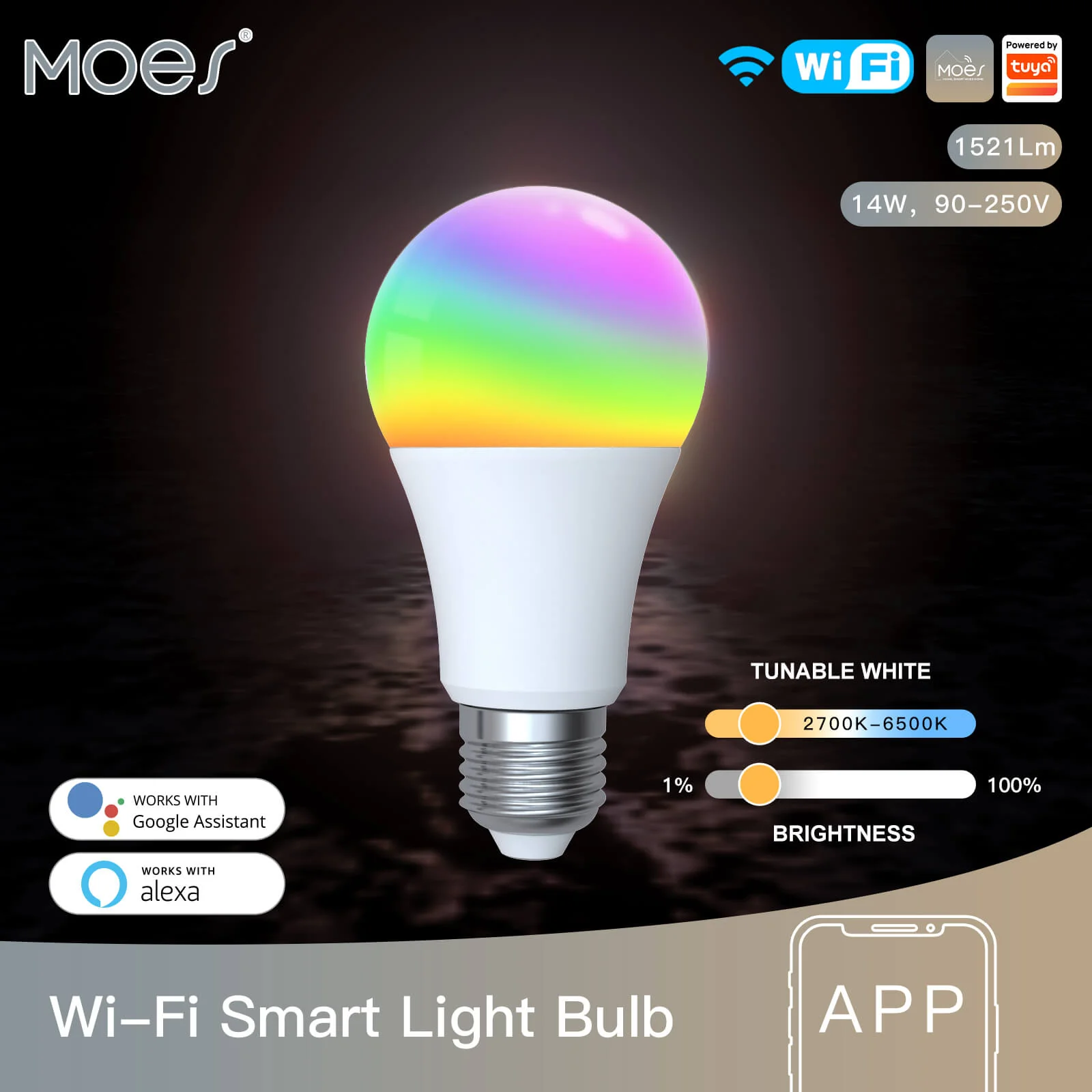 MOES WiFi Smart LED Light Bulb Dimmable Lamp 14W/9W RGB E27 Color Changeable 2700K-6500K 2