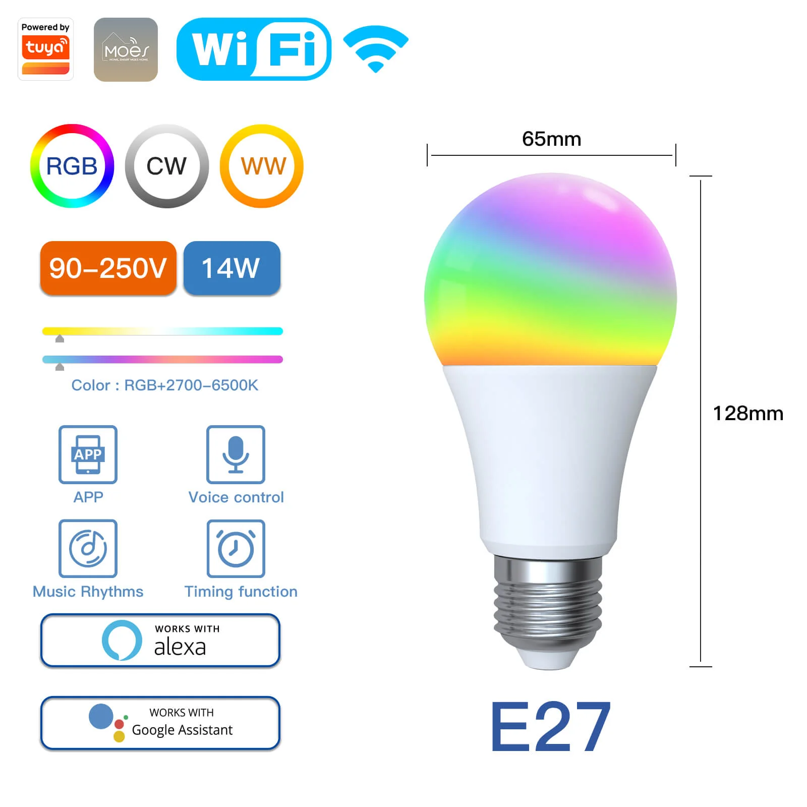 MOES WiFi Smart LED Light Bulb Dimmable Lamp 14W/9W RGB E27 Color Changeable 2700K-6500K 8