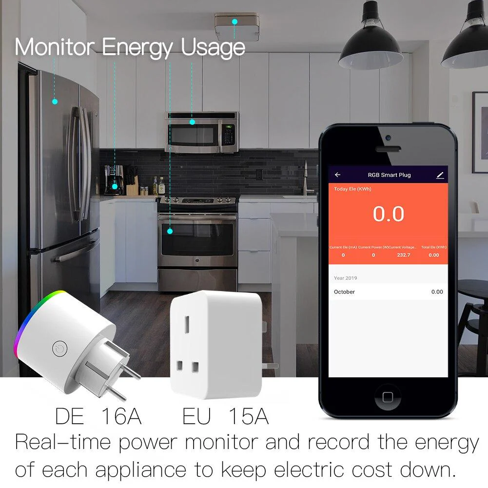 WiFi Smart Plug Outlet Wireless Power Socket Real-time Monitor Electricity With RGB Light 2