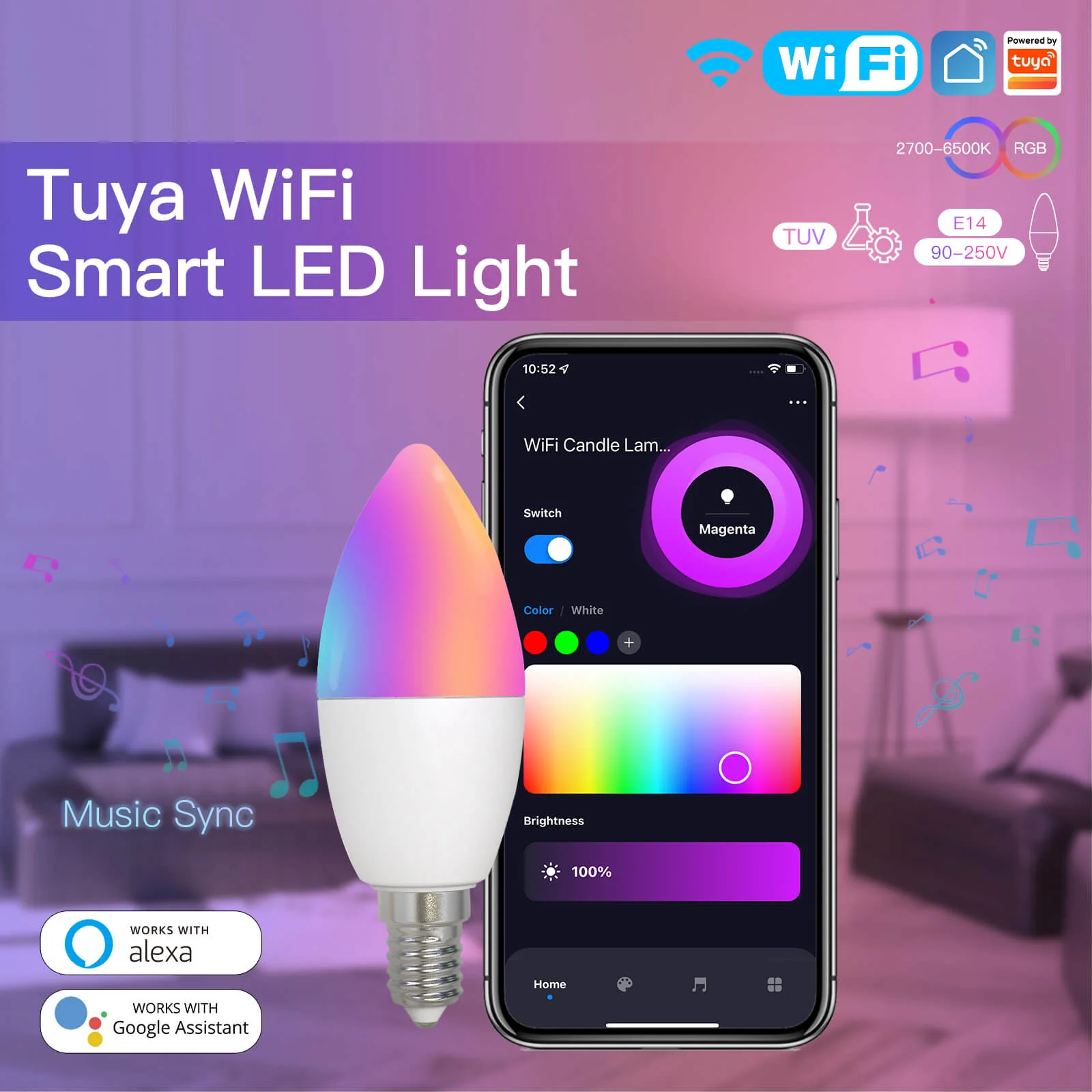 MOES WiFi Smart E14 6W/ E12 5W Candle LED Light Candelabra Bulb RGBCCT 2700-6500K Alexa Google Voice Control 10