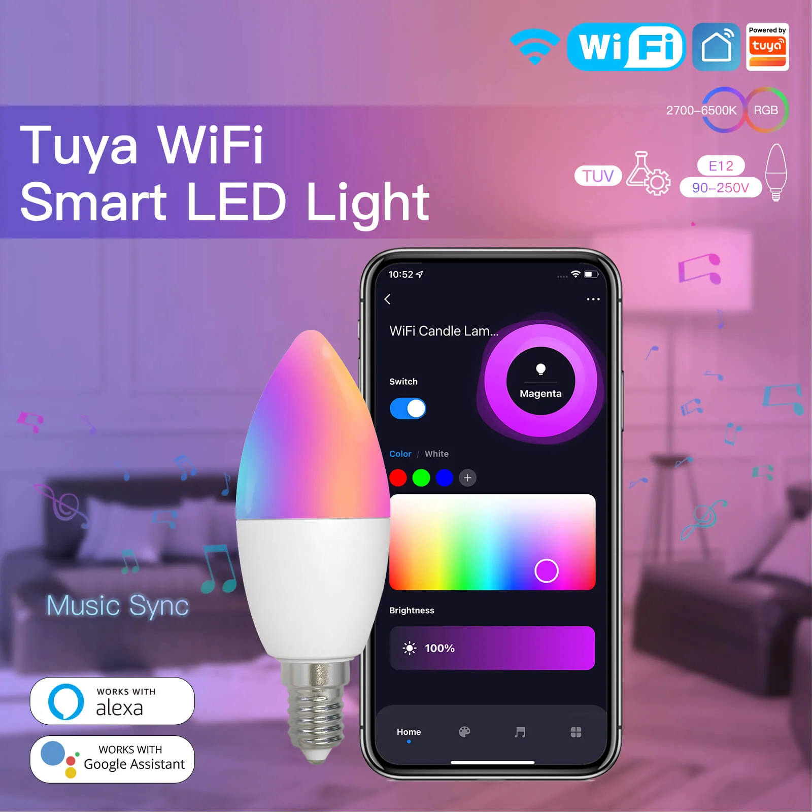 MOES WiFi Smart E14 6W/ E12 5W Candle LED Light Candelabra Bulb RGBCCT 2700-6500K Alexa Google Voice Control 11