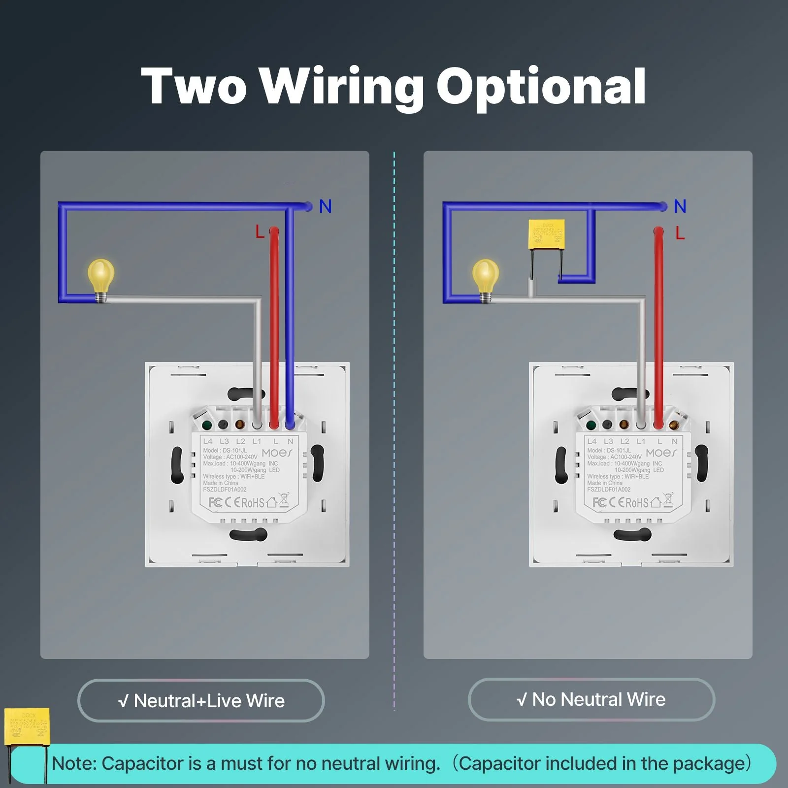 WiFi Smart Light Wall Touch Switch No Neutral Wire Required EU Standard 5