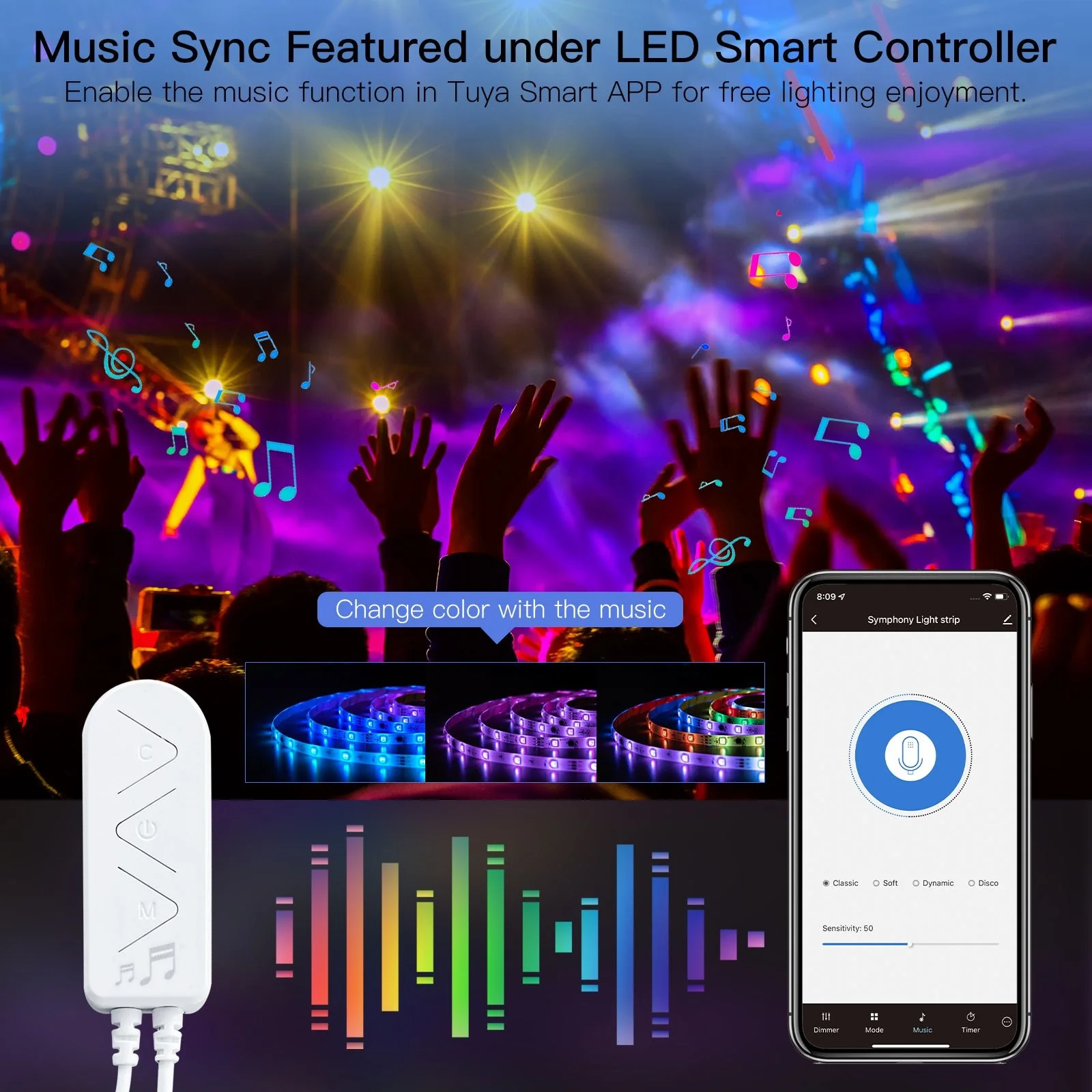 MOES WiFi Smart LED Light Strip RGB Strip Light 5050 Controller Party Music Sync Mic Sound Color Changing LED Strips with Remote 2