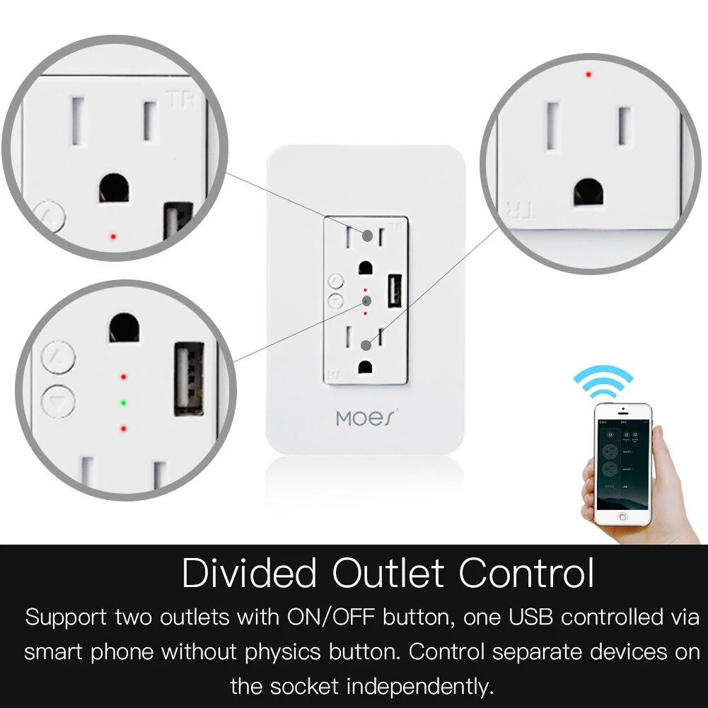 WiFi Smart Power Wall Socket with USB 2 Plug Outlets 15A 5