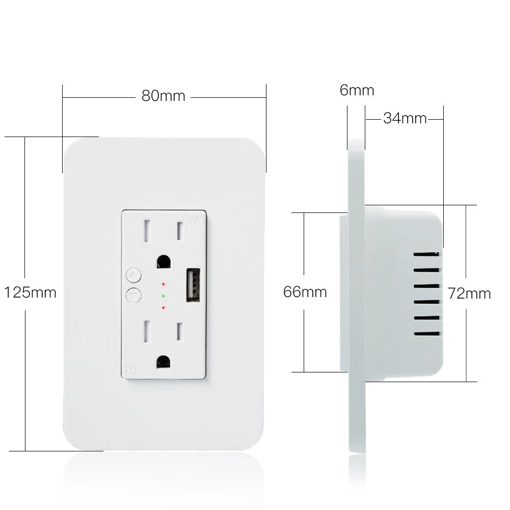 WiFi Smart Power Wall Socket with USB 2 Plug Outlets 15A 6