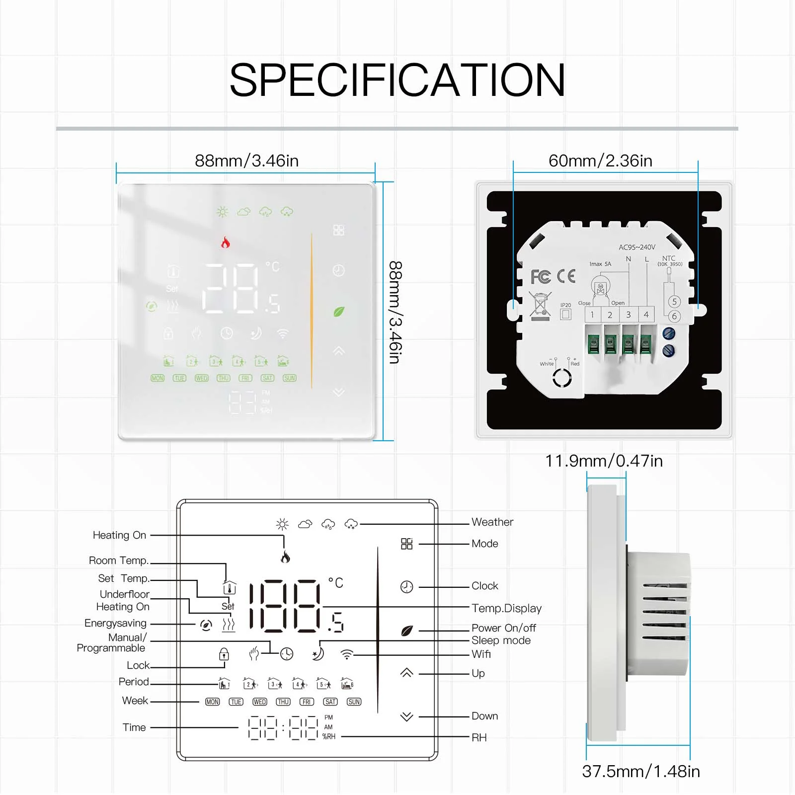 WiFi Programmable Thermostat Room Temperature Controller for Water/ Electric /Gas /Boiler floor Heating 6