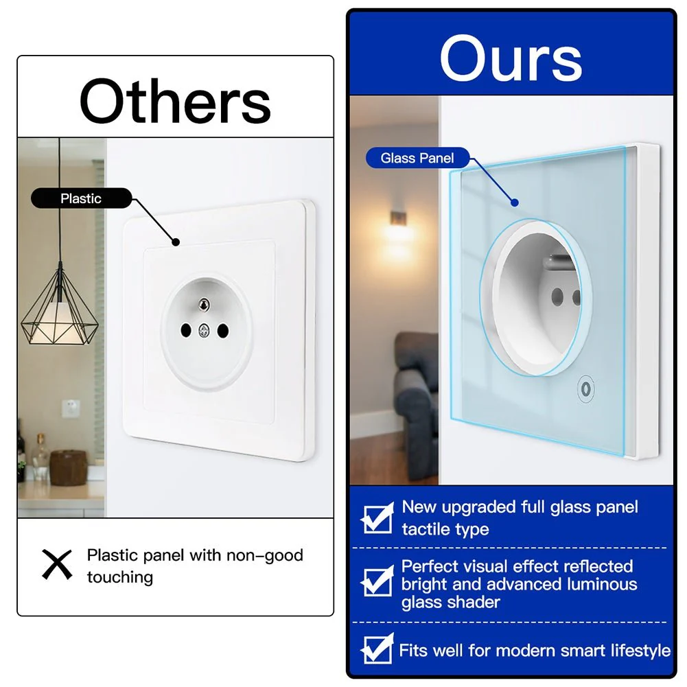 WiFi Smart Wall Socket Glass Panel Outlet Power Monitor Touch Plug Relay Status Light Mode Adjustable EU 2