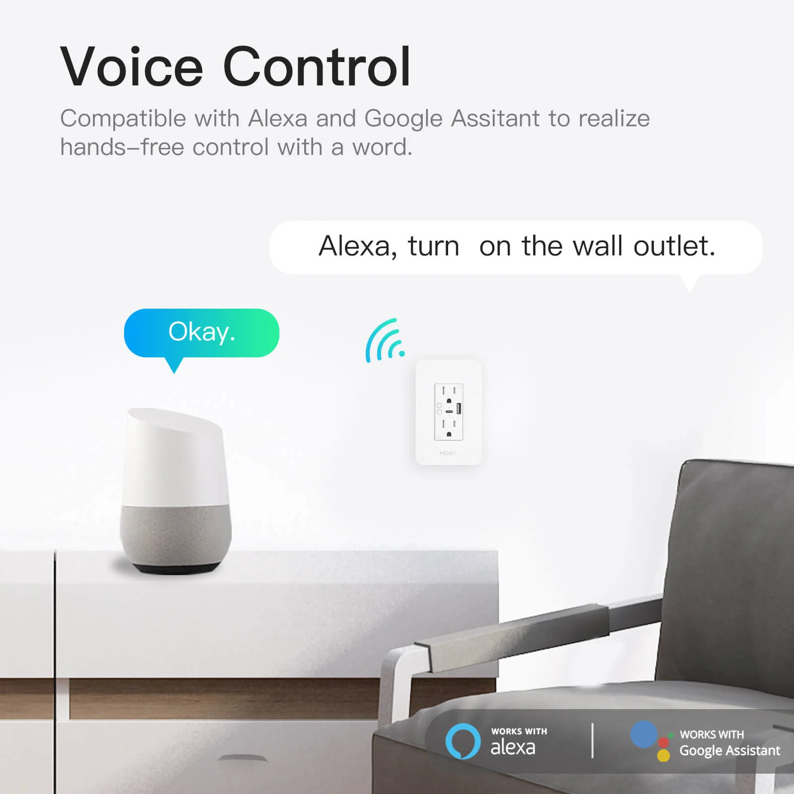 Smart WiFi USB Wall Outlet with Type-C & Type-A Ports, in-Wall Plug Socket Receptacle 15A 5