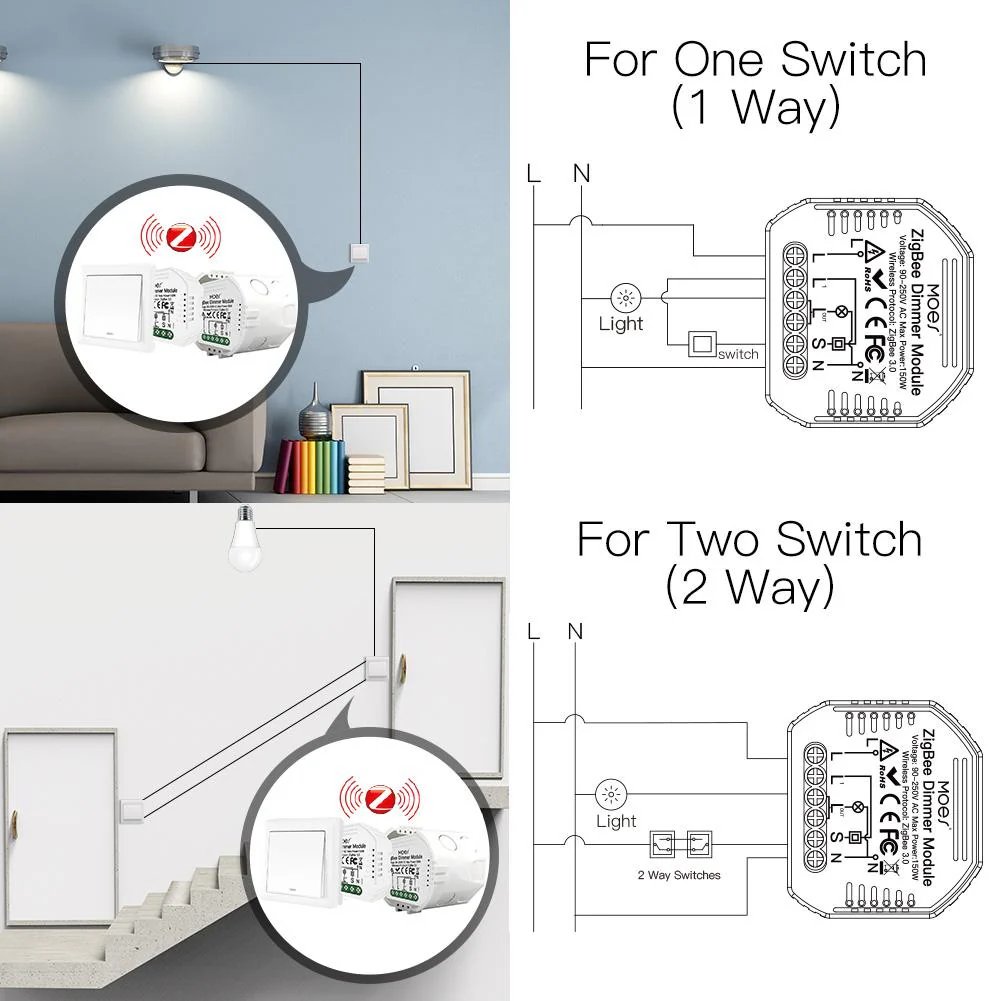 ZigBee Dimmer Module, Smart Switch Relay Module, MOES Hub Required 1/2 Gang Interruptor 2