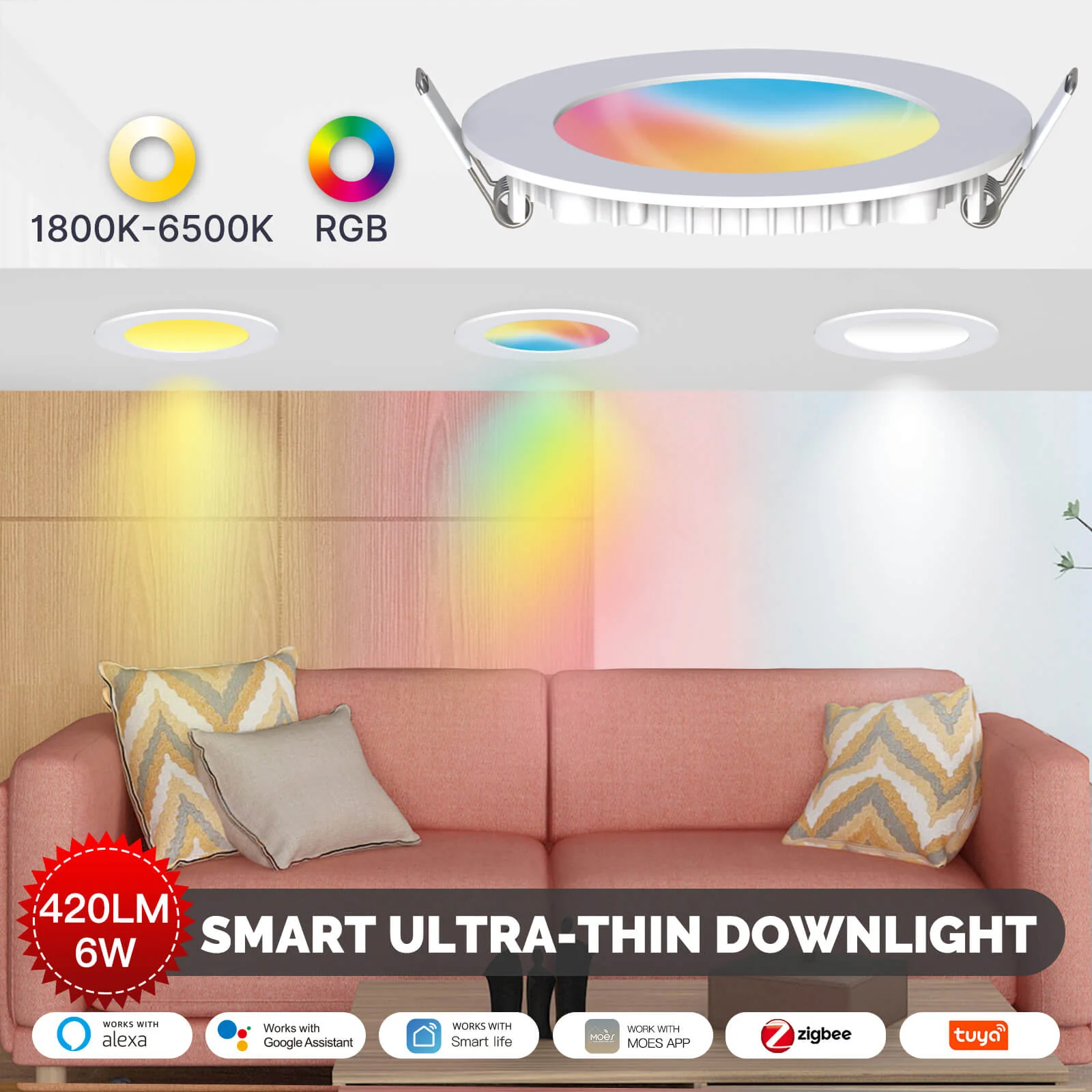 MOES ZigBee Downlight Tuya Dimming Spot lamp 6W RGB Change Warm Cool light 2
