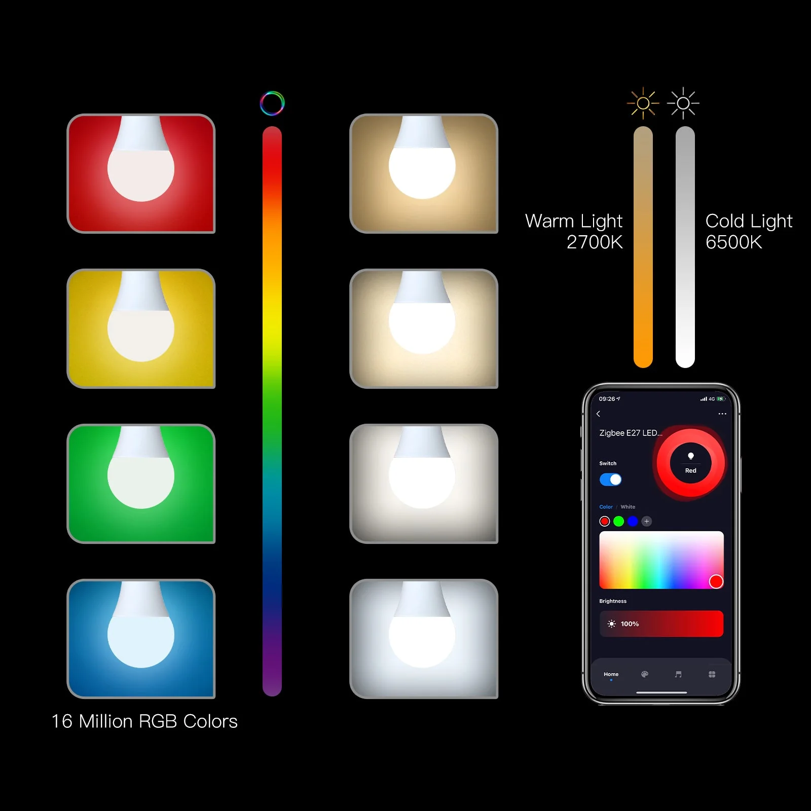 MOES ZigBee Smart LED Light Bulb Energy Efficient E27 Dimmable RGB White Color Lamp 806Lm 9W 90-250V 3