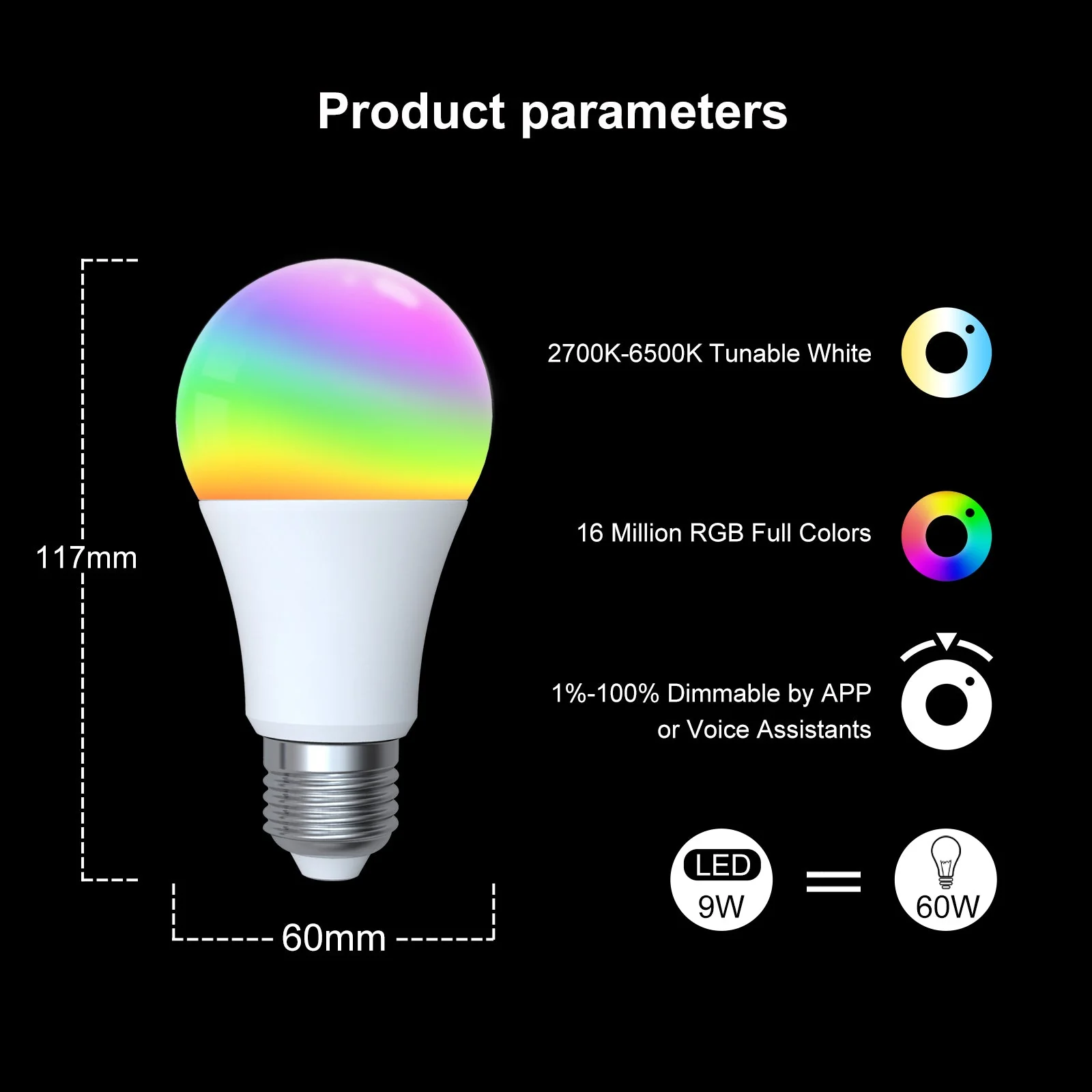 MOES ZigBee Smart LED Light Bulb Energy Efficient E27 Dimmable RGB White Color Lamp 806Lm 9W 90-250V 6