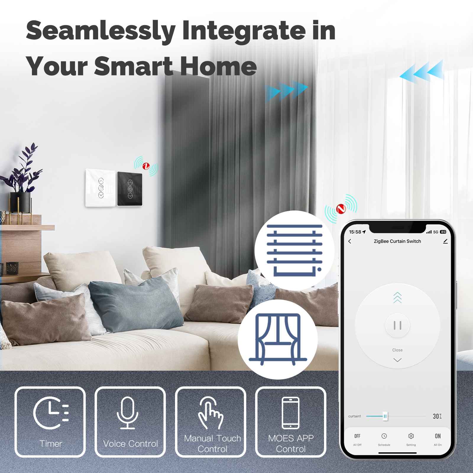 ZigBee Smart Curtain Switch 2.5D Support RF433 Arc Glass Touch Panel 2