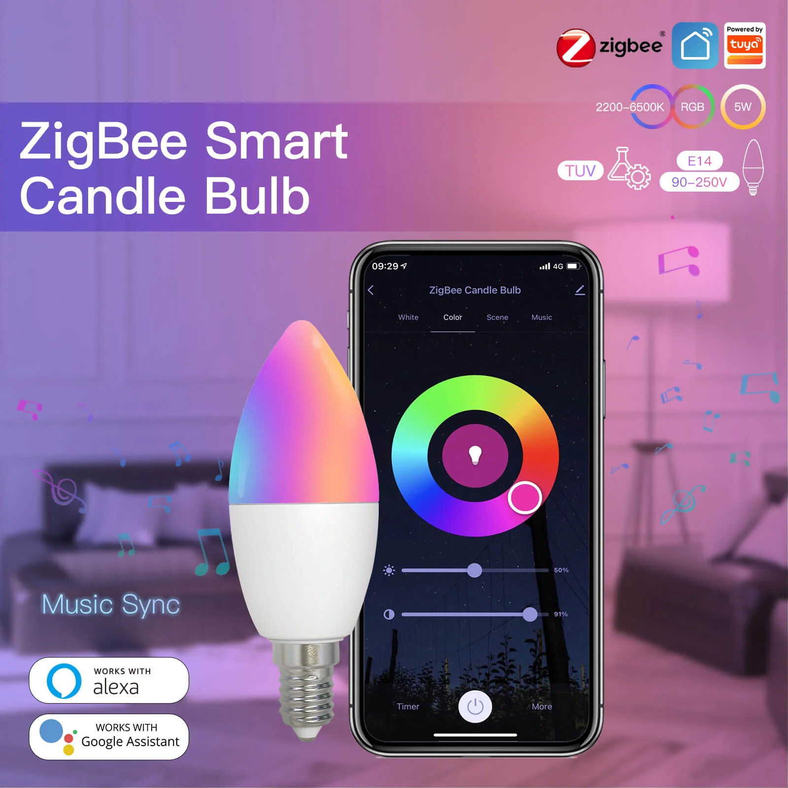 ZigBee Smart E14 Candle LED Light Candle Bulb 5W RGBCCT 2200-6500K Alexa Google Voice Control 2