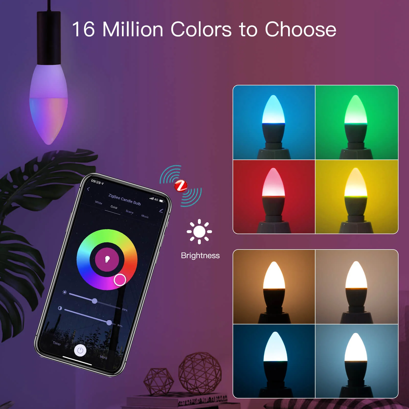 ZigBee Smart E14 Candle LED Light Candle Bulb 5W RGBCCT 2200-6500K Alexa Google Voice Control 4