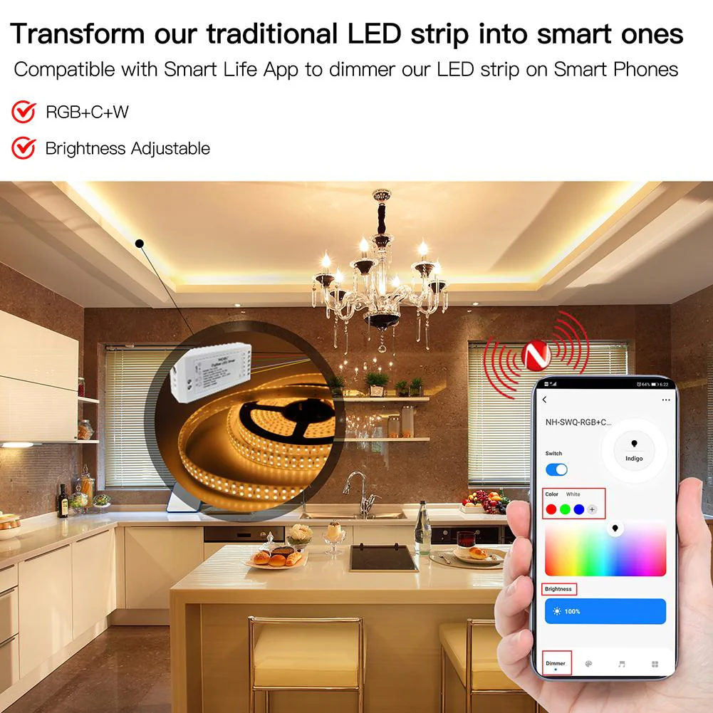 MOES ZigBee RGB Strip Light Multicolor LED Strip CCT LED Controller Plus Brightness Adjustable 2