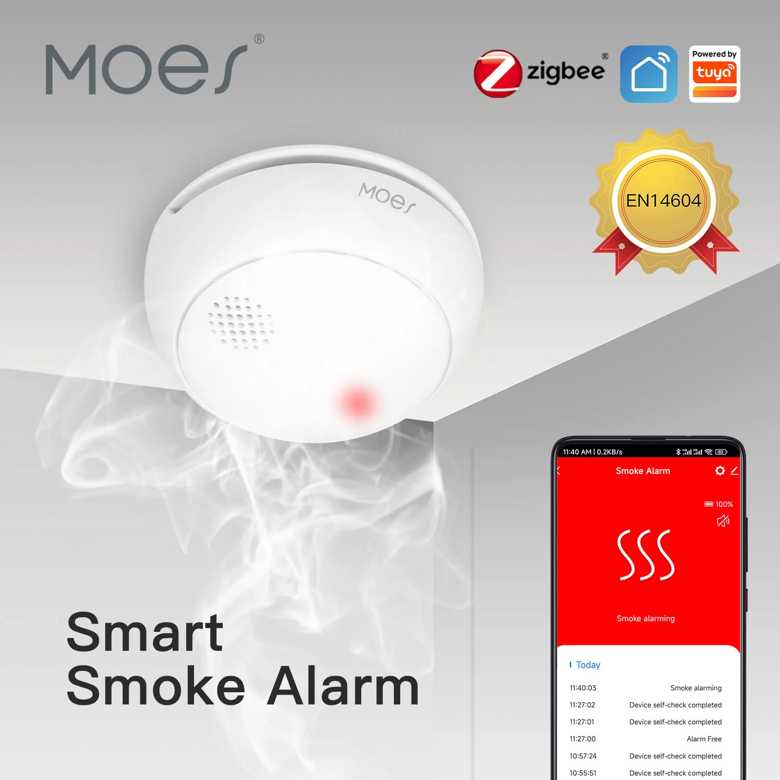 ZigBee Wireless Smart Smoke Detector Fire 85dB Sound Alarm Siren Sensor 2
