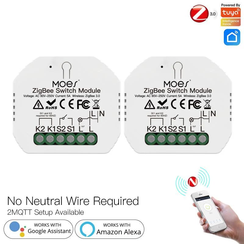 ZigBee Smart Light Switch Module Tuya No Neutral Wire 2 Way Required 2MQTT Relay 7