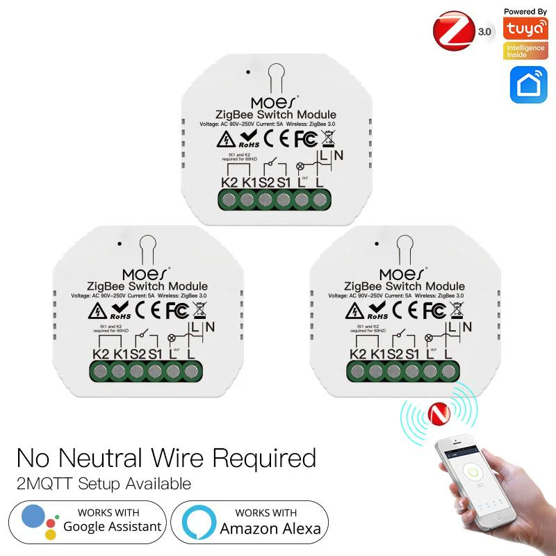 ZigBee Smart Light Switch Module Tuya No Neutral Wire 2 Way Required 2MQTT Relay 16