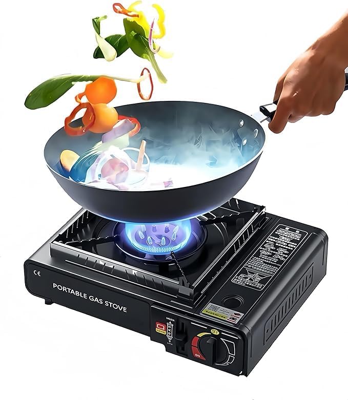 DENX DX1763 Black Portable Camping Stove with Carry Case and 2 Gas Bottle | EN417 Compliant Premium Camping Stove | Gas Portable with Automatic Ignition & Heat Control