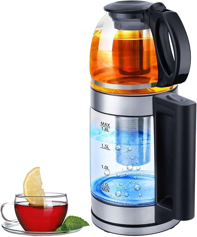 DENX DX2015 Double Pot Teapot with Filter, Transparent Glass, 1.8L Capacity, 1500W Power, Auto Shut-Off, LED Indicator, High Boron Glass, Stainless Steel