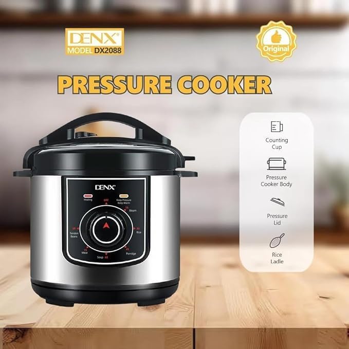 DENX DX2088 Pressure Cooker, 6L Capacity, 1000W Power, Stainless Steel, Includes Measuring Cup & Rice Ladle, Perfect for Soups, Stews, and Rice