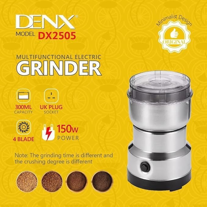 DENX DX2505 Multi-Functional Electric Grinder, 150W, 300ml Capacity, 4 Stainless Steel Blades, Perfect for Grinding Coffee, Spices, and Herbs