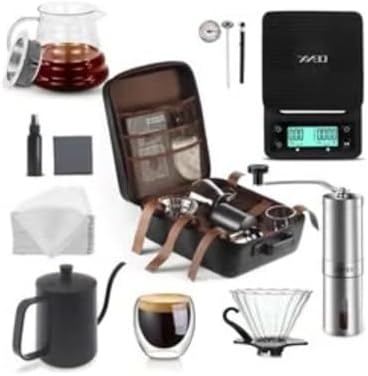 DENX DX2598 17-in-1 Complete Coffee Making Kit, Portable Coffee Brewing Set with Manual Grinder, Gooseneck Kettle, Digital Scale, Glass Dripper