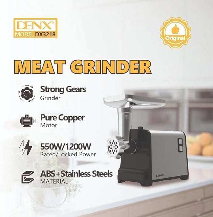 DENX Meat Grinder, Model DX3218, 550W/1200W Power, Pure Copper Motor, ABS + Stainless Steel Construction, Includes Sausage and Kibbe Attachments, 3 Cutting Plates